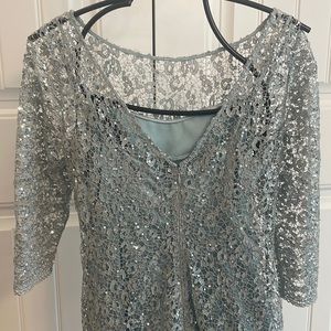 Gorgeous sea glass cocktail dress, matching metallic lace/tiny silver sequins